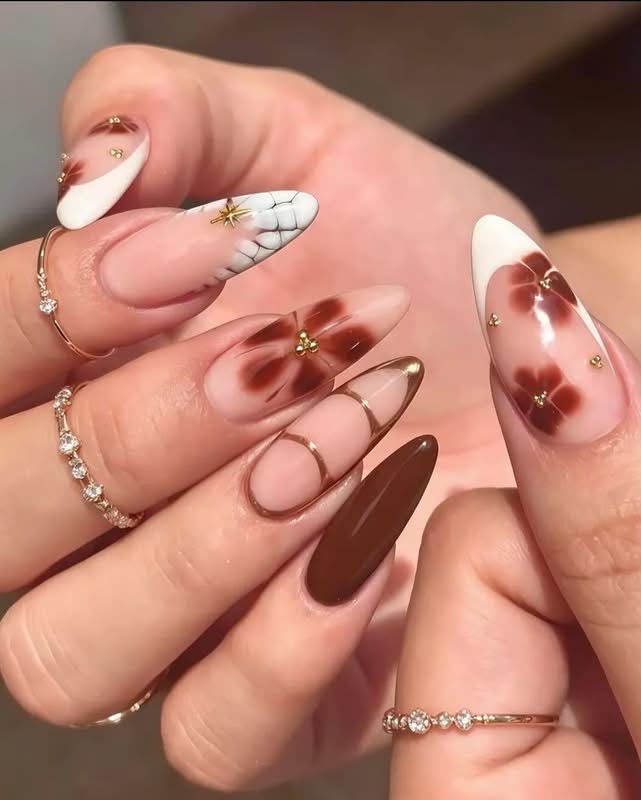 Brown floral nail art