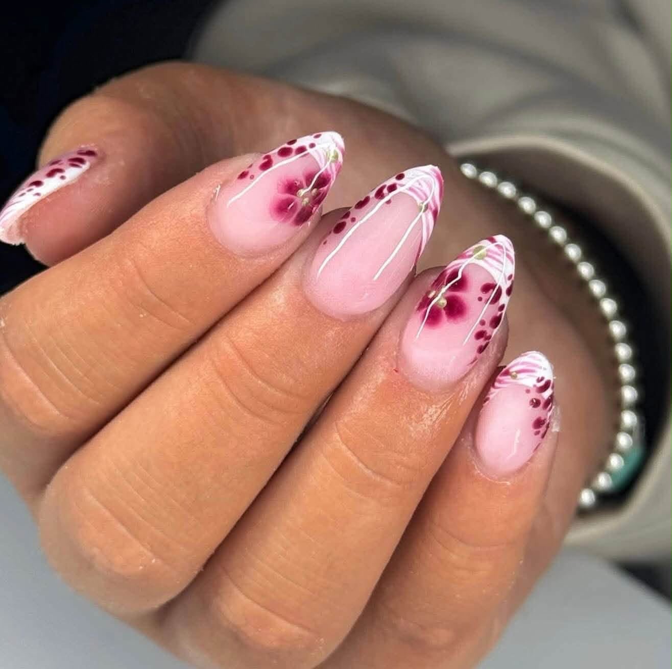 Pink floral nail art